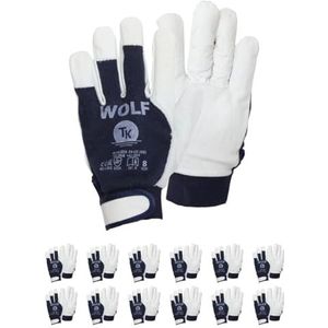 TK Gloves WOLF Montagehandschoenen van leer, maat 07, 12 paar, werkhandschoenen, ongevoerd, volnerf geitenleer en katoenen gebreide leren handschoenen