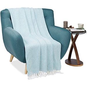 Relaxdays plaid wit-lichtblauw, knuffeldeken 100% katoen, wollen deken met strepenpatroon, b x d: ca. 130 x 170 cm.