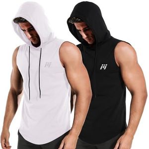 MEETWEE Tanktop voor heren, sportshirt met capuchon, mouwloos, spiershirts, fitness, mouwloos shirt, ademend, loopshirt, okselshirts, hoodie voor gym, hardlopen, training, zwart, wit, XXL