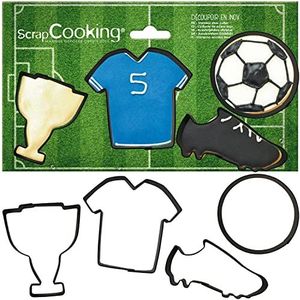 SCRAP COOKING 4 uitsteekvormen voetbal – uitsteekvormen voor koekjes, van roestvrij staal – voetbal, shirt, schoenen, snit – vormen voor kleine cakes – accessoires voor het bakken verjaardag – 2086