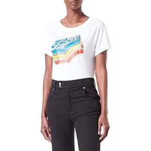 Love Moschino Katoenen T-shirt voor dames, met regenboogprint, wit (optical white), 38 NL