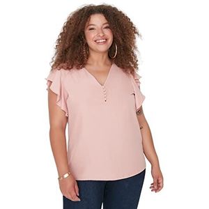 Trendyol Dames Trendyol Vrouw plus size effen standaard v-hals geweven plus grootte blouse Shirt (1 stuks), Poeder, 44 Stor