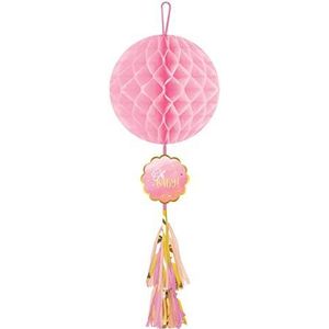 Générique hanglamp van papier, met honingraat, 75 cm, roze en goud, met kwast