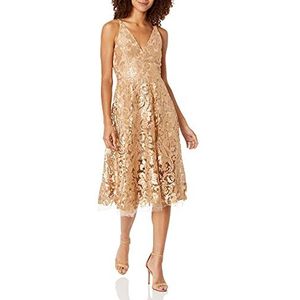Dress the Population Women's Blair Plunging Fit and Flare Midi Dress Dress, Gold/Nude, L