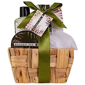 accentra 6055164AC OLIVE SPA Cadeauset in zeegrasmand, badset en doucheset - 5-delige cadeauset in decoratieve mand van zeegras, verjaardagscadeau, wellnessset voor vrouwen,groen