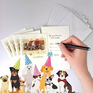 Set van 5 kaarten ""Uitnodiging"" voor honden, puppy's, dieren met 5 witte enveloppen, 9 x 14 cm, tekst, ik ben blij om je uit te nodigen om... de (datum) op (tijd) adres - feest, snack, verjaardag -