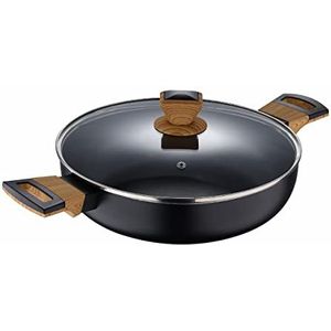 Bergner Earth Black Kookpan, laag, 28 cm, met deksel, van geperst aluminium met ergonomische houten handgrepen, anti-aanbaklaag, voor inductie en alle warmtebronnen, grijs