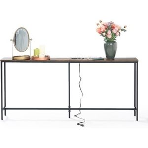 FurnitureR L180 cm consoletafel, met oplaadstation, slim banktafel, industrieel ingangsbureau met 2 USB-poorten, smalle tafel voor entree, hal, woonkamer, kantoor, rustiek, bruin