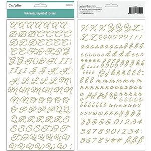 Craftelier - Alfabet Puffy stickers in hoofdletters en kleine letters, cijfers en speciale tekens | Bevat 286 delen - grootte ca. hoofdletter 1,5 cm en kleine letter 0,8 cm | kleur goud
