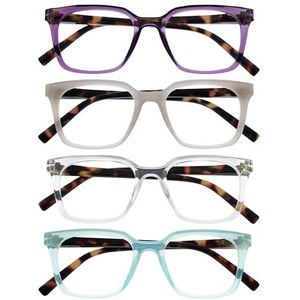 OPULIZE KOI Leesbrillen 4-Pack - Groot Rechthoekig Montuur - Paars-Grijs-Helder-Aqua - Heren Dames - Veerscharnieren - RRRR50-57CQ - +3.00