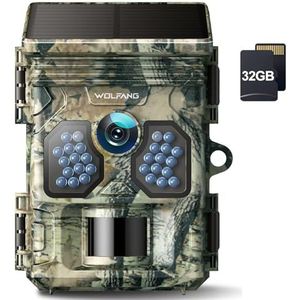 WOLFANG Wildlife Solarcamera 4K 48MP, Trailcamera met Uitstekend Nachtzicht, Dubbele Voeding, 0,1 s Activeringstijd, IP66 Waterdicht, Voor Wildlife Monitoring met U3 32 GB Micro SD-kaar