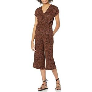 Amazon Essentials Surplice Cropped jumpsuit met korte mouwen en wijde pijpen, zwart/bruin dierenprint, XS