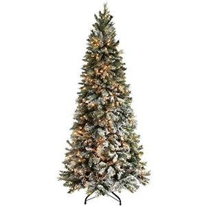 WeRChristmas kerstboom van sparrenhout, met sneeuwvlokken, smal, met verlichting