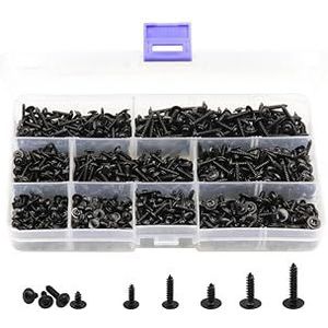 LBY 900 stks M2.3 M2.6 M3 Phillips Truss Hoofd Zelftappende Schroeven, Wafer Head Schroeven, Pan Head met Wasmachine Schroef 9 Maten Zelftappende Schroeven Assortiment Kit, Carbon Steel Blacking