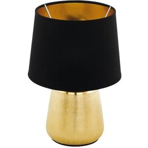 EGLO Tafellamp Manalba 1, nachtlampje van gouden keramiek met lampenkap van zwart en goudkleurig textiel, tafel lamp voor woonkamer en slaapkamer, deco nachtlamp met E27 fitting