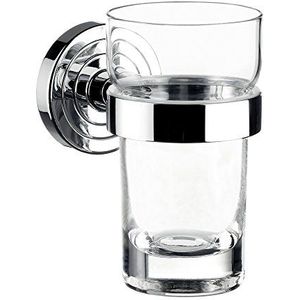 Emco Polo glashouder met 1 glas, elegante tandenborstelhouder voor wandmontage, hoogwaardige tandenborstelbeker van metaal en kristalglas, chroomkleurig en helder