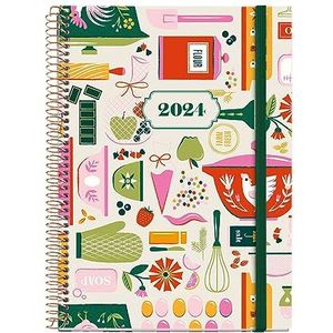 Miquelrius - Jaarplanner 2024, dagweergave, plus grootte 155 x 213 mm (vergelijkbaar met A5), hardcover, spiraalbinding, elastiek, Spaans, Engels en Portugees, schattig thuis