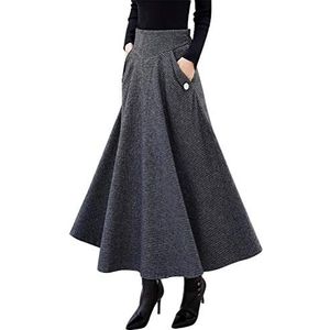 IDEALSANXUN Dames herfst winter hoge taille wollen geruite A-lijn lange rok, Donkergrijs, M