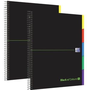 Oxford Black N'Colours Notitieboek, A4+, microgeperforeerd, extra harde omslag, 100 vellen, geruit 5 x 5, 2 notitieboeken, 5 registers