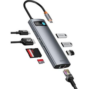 Baseus 8-in-1 USB C hub-adapter met 4K HDMI, Gigabit Ethernet, 100W PD, 3 USB A 3.0, SD/TF-kaartlezer, USB-dockingstation voor laptop MacBook Pro/Air, Surface Pro, iPad Pro, Dell, Steam Deck enz