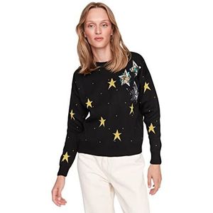 Trendyol Dames ronde hals geometrische patroon Regular Sweater sweatshirt, zwart, L, Zwart, L