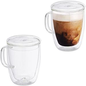 Relaxdays dubbelwandige drinkglazen - set van 2 - sap- of theeglazen - met handvat & deksel - borosilicaatglas
