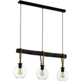 EGLO Hanglamp Roding, 3-lichts pendellamp vintage, eettafellamp van helder glas, zwart metaal en natuurlijk touw, lamp hangend voor woonkamer, E27 fitting