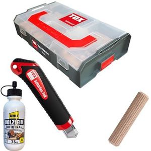 TOX set met L-BOXX Mini Wood en afbreekmes, sorteerbox met Boltfix Wood 6/30 (80), 8/40 (80), 10/40 (30), houtlijm, boren + dieptemaat 6/8/10 mm, 094909177
