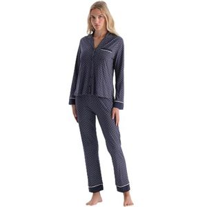 Dagi Dames Navy Geometrisch Patterned Combed Modal Shirt Broek Pyjama Set, XL, Donkerblauw, XL