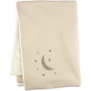 Babyknuffeldeken van wollige stof en wafelpiqué, knuffeldeken met borduurwerk, maan en sterren, babydeken vanaf de geboorte, 75 x 100 cm, ecru