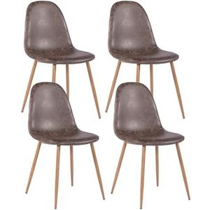 39F FURNITURE DREAM Set van 4 retro vintage PU stoelen met natuurlijke houten poten voor eetkamer, woonkamer, grijs, 43 x 54,5 x 87 cm