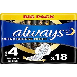 Always Ultra maandverband, maat 4, Secure Night, 18 handdoeken met vleugels, overvloedig rivier 's nachts, maximaal comfort, super absorberend en ultradun