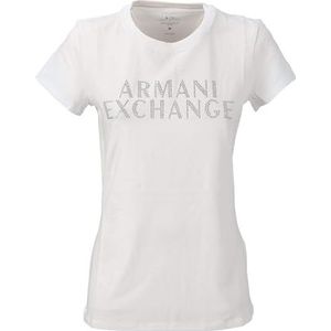 Armani Exchange Slim Fit Stretch Cotton Embellished Logo Fitted Tee T-shirt voor dames, wit, XL