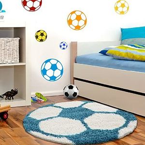 Muratap Vloerkleed Fun Voetbal Turquoise Blauw Wit - Tapijt Kinderkamer Speelkamer Sport Decoratie Jongen Meisje Speeltapijt KinderVloerkleed Fun - Maat: 120 cm - Rond