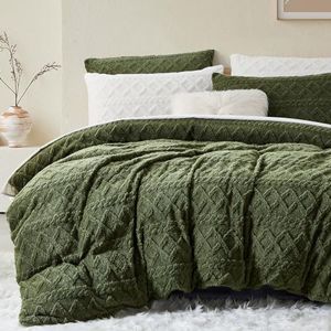 Lanqinglv Pluche beddengoed, 135 x 200 cm, groen, fleece, flanel, wollig, winterbeddengoed, sherpa, warm, getuft, kasjmier, touch, behaaglijk dekbedovertrek met ritssluiting en 1 kussensloop van 80 x