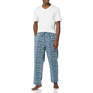 Amazon Essentials Katoenen popeline broek voor heren met katoenen jersey T-shirt pyjamaset, blauw palmblad/wit, XX-Small