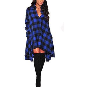 olrain Womens Plaids V Neck Long Sleeve Irregular Hem Casual Shirt Dress (X-Large, Blue)