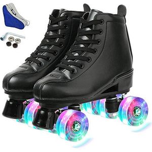 KALINU Dames rolschaatsen PU lederen High-top rolschaatsen vier-wiel rolschaatsen glanzende rolschaatsen voor meisjes (zwarte flash ronde schoentas, 37)