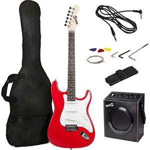 RockJam Elektrische gitaarset op ware grootte met 10 watt gitaarversterker, lessen, riem, gigbag, plectrums, whammy, lead en reservesnaren - rood