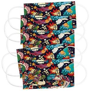 CRAZE 31926, set van 5 kleurrijke mondmaskers voor volwassenen, wegwerpmasker, ruimtemotief, gezichtsmasker, 3-laags masker voor gezicht en neus
