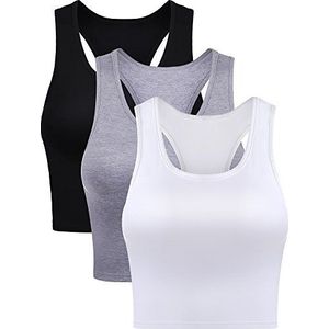 3 stuks crop tops voor dames, work-out top basic cropped tank tops mouwloos racerback sport gym crop tank voor tieners meisjes, zwart, wit, grijs., XXL