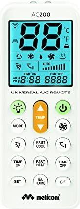 Meliconi AC 200 universele afstandsbediening voor airconditioning, compatibel met de meeste merken, display met achtergrondverlichting en zaklampfunctie, wit. 802102