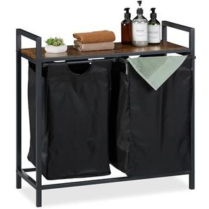 Relaxdays dubbele wasmand - op poten - 72 x 73 x 33 cm - met plank - 2 uitschuifbare vakken - industrieel