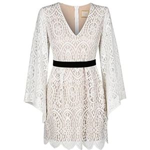 Swing Fashion Mini-jurk voor dames, elegante jurk, feestelijke jurk, partyjurk, avondjurk, bruiloftsjurk, cocktailjurk, kanten jurk, V-hals, lange mouwen, wit, maat 40 (L), wit, L