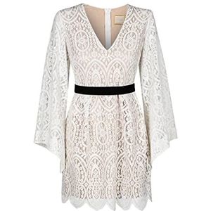 Swing Fashion Mini-jurk voor dames, elegante jurk, feestelijke jurk, partyjurk, avondjurk, bruiloftsjurk, cocktailjurk, kanten jurk, V-hals, lange mouwen, wit, maat 42 (XL), wit, XL