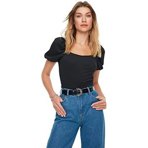 Trendyol Dames getailleerde basic gebreide blouse met vierkante kraag, Zwart, L