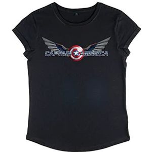 Marvel Dames Falcon en The Winter Soldier-Shiny Shield T-shirt met opgerolde mouwen, zwart, M, zwart, M