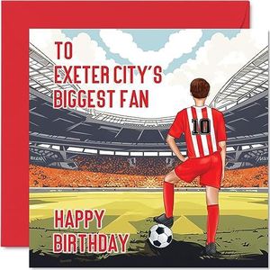 Voetbalverjaardagskaart voor fans van Exeter - Biggest Fan - Fun Happy Birthday Card voor zoon vader broer oom collega vriend neef, 145 mm x 145 mm Footy Footie Bday wenskaarten