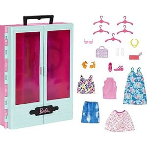Barbie Verkleedset met 3 outfits, 3 paar schoenen, 2 handtassen, halsketting en zonnebril, 5 hangers, kinderspeelgoed, vanaf 3 jaar, HKR92