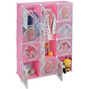 Relaxdays kinderkast, 2 kledingroedes, deuren met babydieren, HxBxD: 145x110x37 cm, modulaire kledingkast, roze